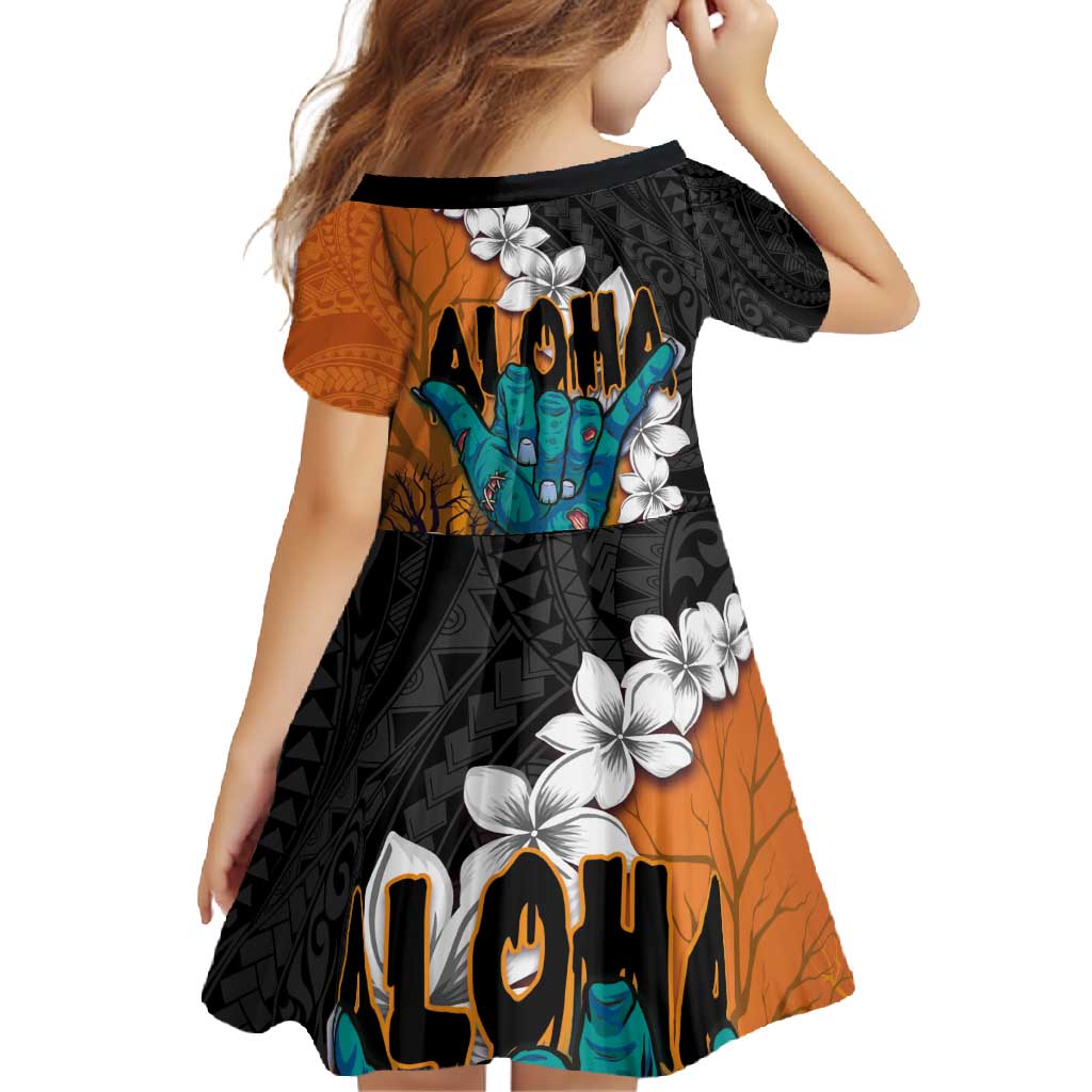 Hawaiian Halloween Family Matching Long Sleeve Bodycon Dress and Hawaiian Shirt Horror Shaka Hand with Plumeria and Polynesian Tattoo Autumn Color