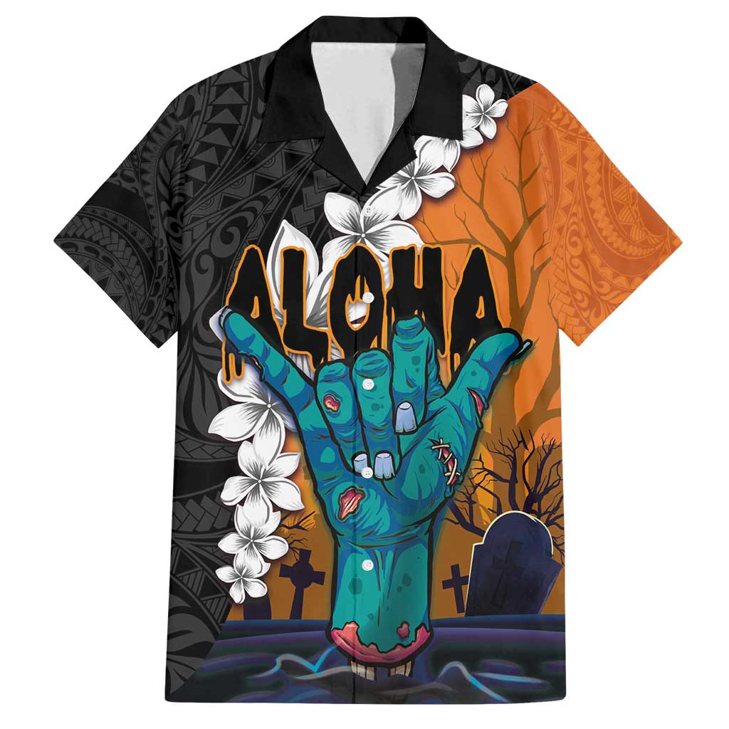 Hawaiian Halloween Family Matching Long Sleeve Bodycon Dress and Hawaiian Shirt Horror Shaka Hand with Plumeria and Polynesian Tattoo Autumn Color