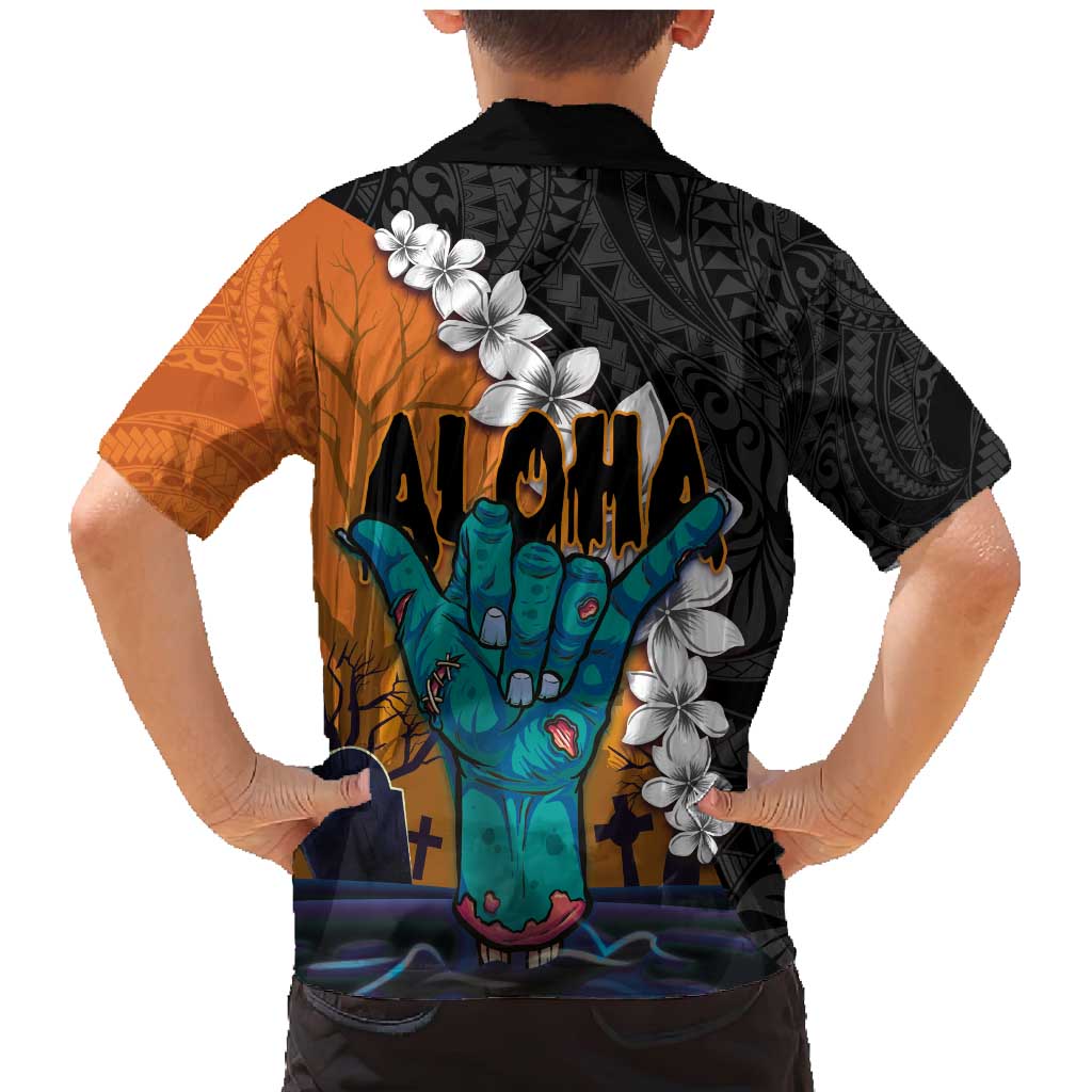 Hawaiian Halloween Family Matching Mermaid Dress and Hawaiian Shirt Horror Shaka Hand with Plumeria and Polynesian Tattoo Autumn Color LT03 - Polynesian Pride