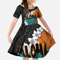 Hawaiian Halloween Family Matching Mermaid Dress and Hawaiian Shirt Horror Shaka Hand with Plumeria and Polynesian Tattoo Autumn Color LT03 Daughter's Dress Orange - Polynesian Pride
