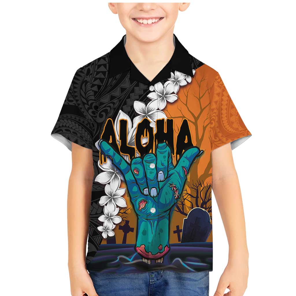 Hawaiian Halloween Family Matching Mermaid Dress and Hawaiian Shirt Horror Shaka Hand with Plumeria and Polynesian Tattoo Autumn Color LT03 Son's Shirt Orange - Polynesian Pride