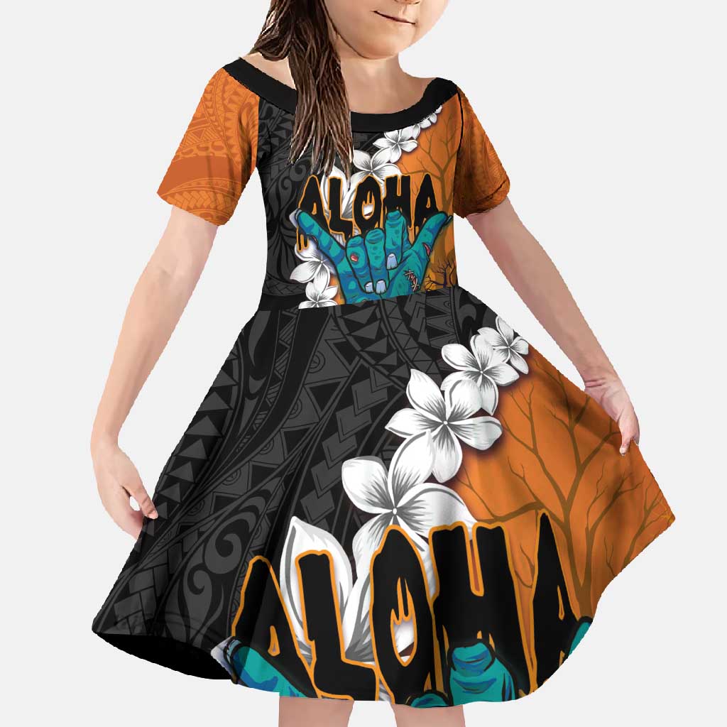 Hawaiian Halloween Family Matching Off Shoulder Maxi Dress and Hawaiian Shirt Horror Shaka Hand with Plumeria and Polynesian Tattoo Autumn Color LT03 Daughter's Dress Orange - Polynesian Pride