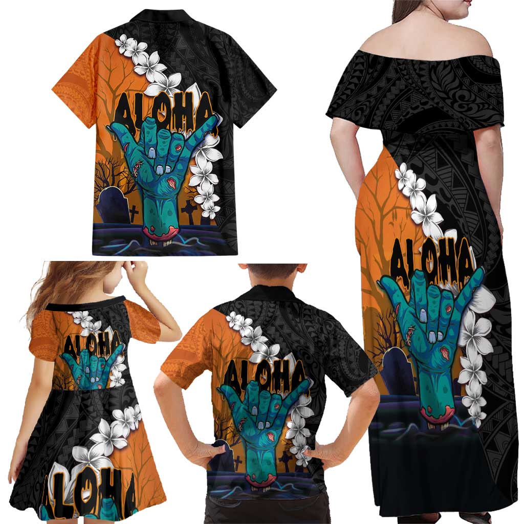 Hawaiian Halloween Family Matching Off Shoulder Maxi Dress and Hawaiian Shirt Horror Shaka Hand with Plumeria and Polynesian Tattoo Autumn Color LT03 - Polynesian Pride