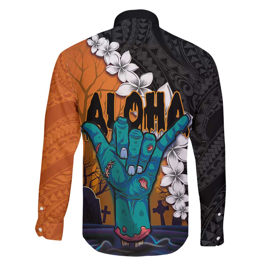 Hawaiian Halloween Family Matching Off Shoulder Maxi Dress and Hawaiian Shirt Horror Shaka Hand with Plumeria and Polynesian Tattoo Autumn Color LT03 - Polynesian Pride