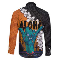 Hawaiian Halloween Family Matching Off Shoulder Maxi Dress and Hawaiian Shirt Horror Shaka Hand with Plumeria and Polynesian Tattoo Autumn Color LT03 - Polynesian Pride