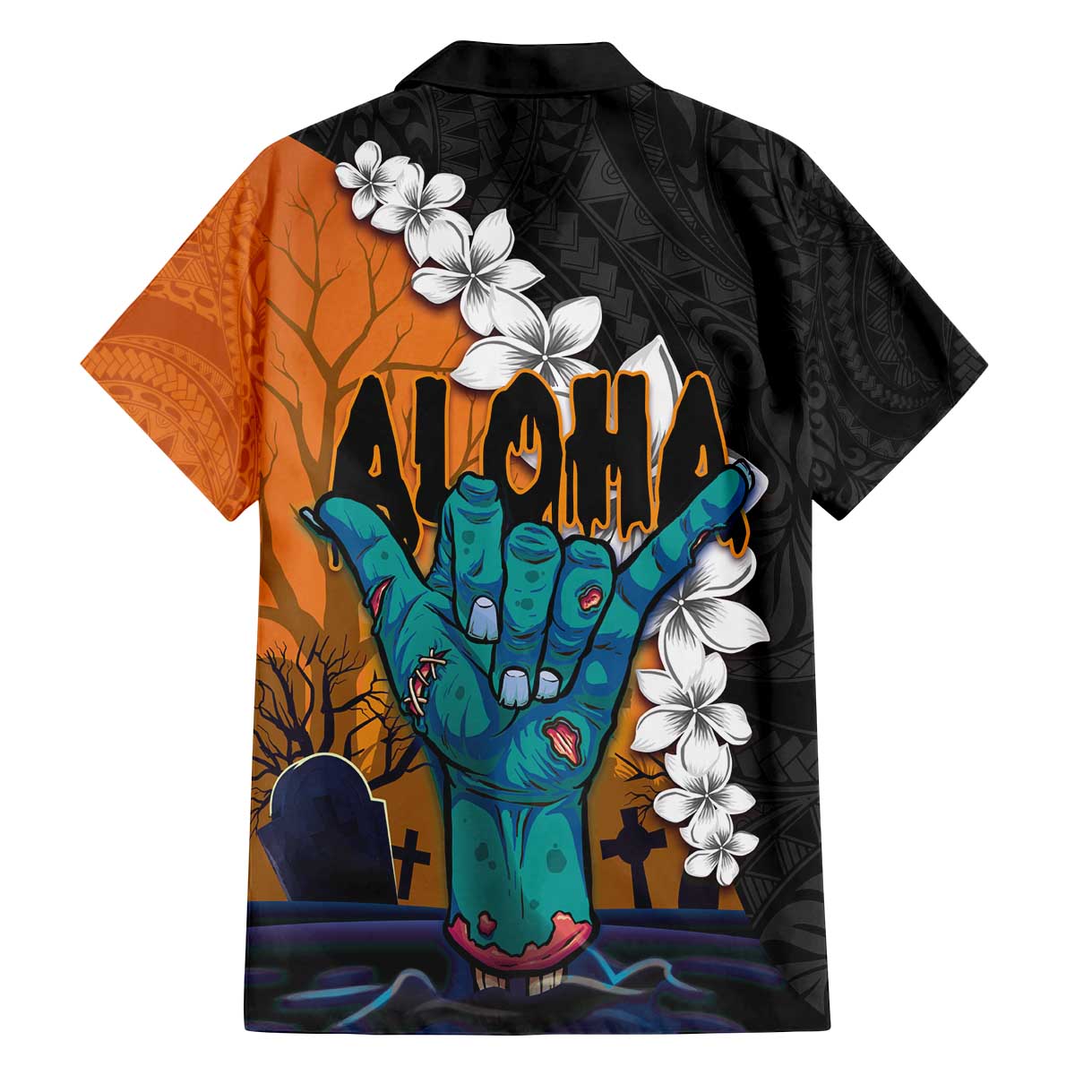 Hawaiian Halloween Family Matching Off Shoulder Short Dress and Hawaiian Shirt Horror Shaka Hand with Plumeria and Polynesian Tattoo Autumn Color LT03 - Polynesian Pride