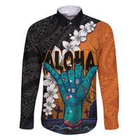 Hawaiian Halloween Family Matching Off Shoulder Short Dress and Hawaiian Shirt Horror Shaka Hand with Plumeria and Polynesian Tattoo Autumn Color LT03 Dad's Shirt - Long Sleeve Orange - Polynesian Pride
