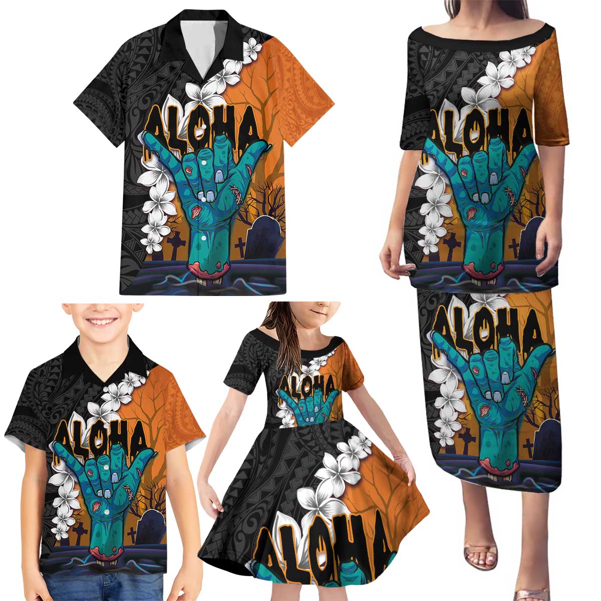 Hawaiian Halloween Family Matching Puletasi and Hawaiian Shirt Horror Shaka Hand with Plumeria and Polynesian Tattoo Autumn Color LT03 - Polynesian Pride