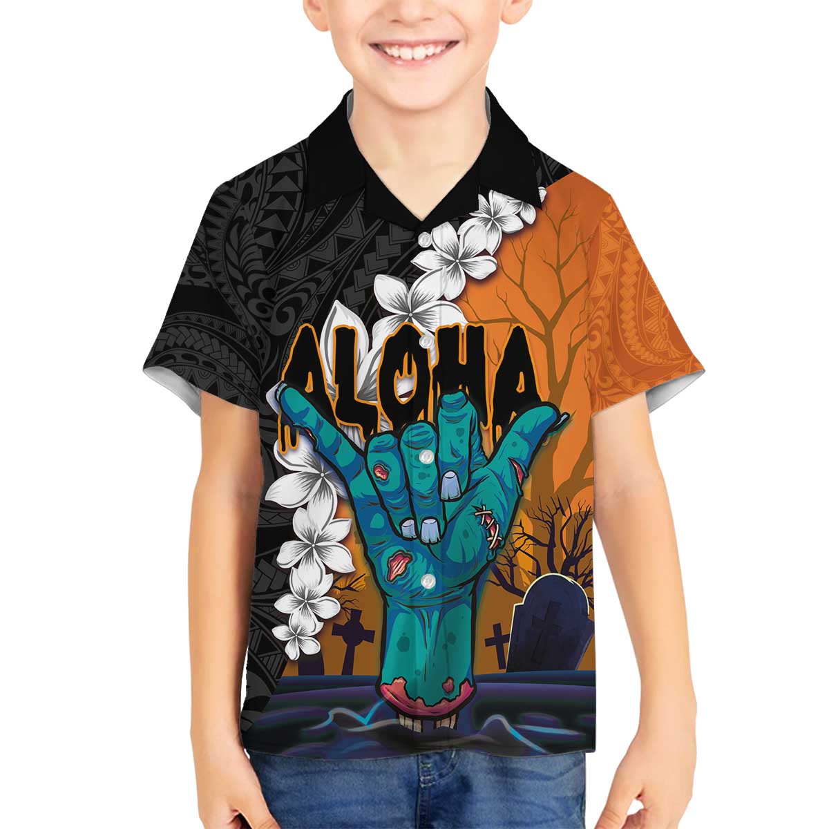 Hawaiian Halloween Family Matching Puletasi and Hawaiian Shirt Horror Shaka Hand with Plumeria and Polynesian Tattoo Autumn Color LT03 Son's Shirt Orange - Polynesian Pride