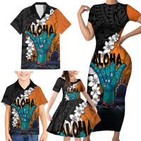 Hawaiian Halloween Family Matching Short Sleeve Bodycon Dress and Hawaiian Shirt Horror Shaka Hand with Plumeria and Polynesian Tattoo Autumn Color LT03 - Polynesian Pride