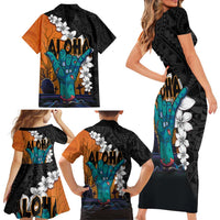 Hawaiian Halloween Family Matching Short Sleeve Bodycon Dress and Hawaiian Shirt Horror Shaka Hand with Plumeria and Polynesian Tattoo Autumn Color LT03 - Polynesian Pride
