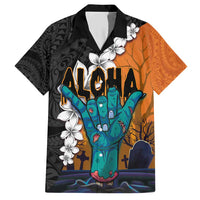 Hawaiian Halloween Family Matching Short Sleeve Bodycon Dress and Hawaiian Shirt Horror Shaka Hand with Plumeria and Polynesian Tattoo Autumn Color LT03 Dad's Shirt - Short Sleeve Orange - Polynesian Pride