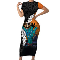 Hawaiian Halloween Family Matching Short Sleeve Bodycon Dress and Hawaiian Shirt Horror Shaka Hand with Plumeria and Polynesian Tattoo Autumn Color LT03 Mom's Dress Orange - Polynesian Pride