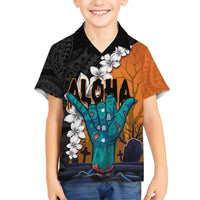 Hawaiian Halloween Family Matching Short Sleeve Bodycon Dress and Hawaiian Shirt Horror Shaka Hand with Plumeria and Polynesian Tattoo Autumn Color LT03 Son's Shirt Orange - Polynesian Pride