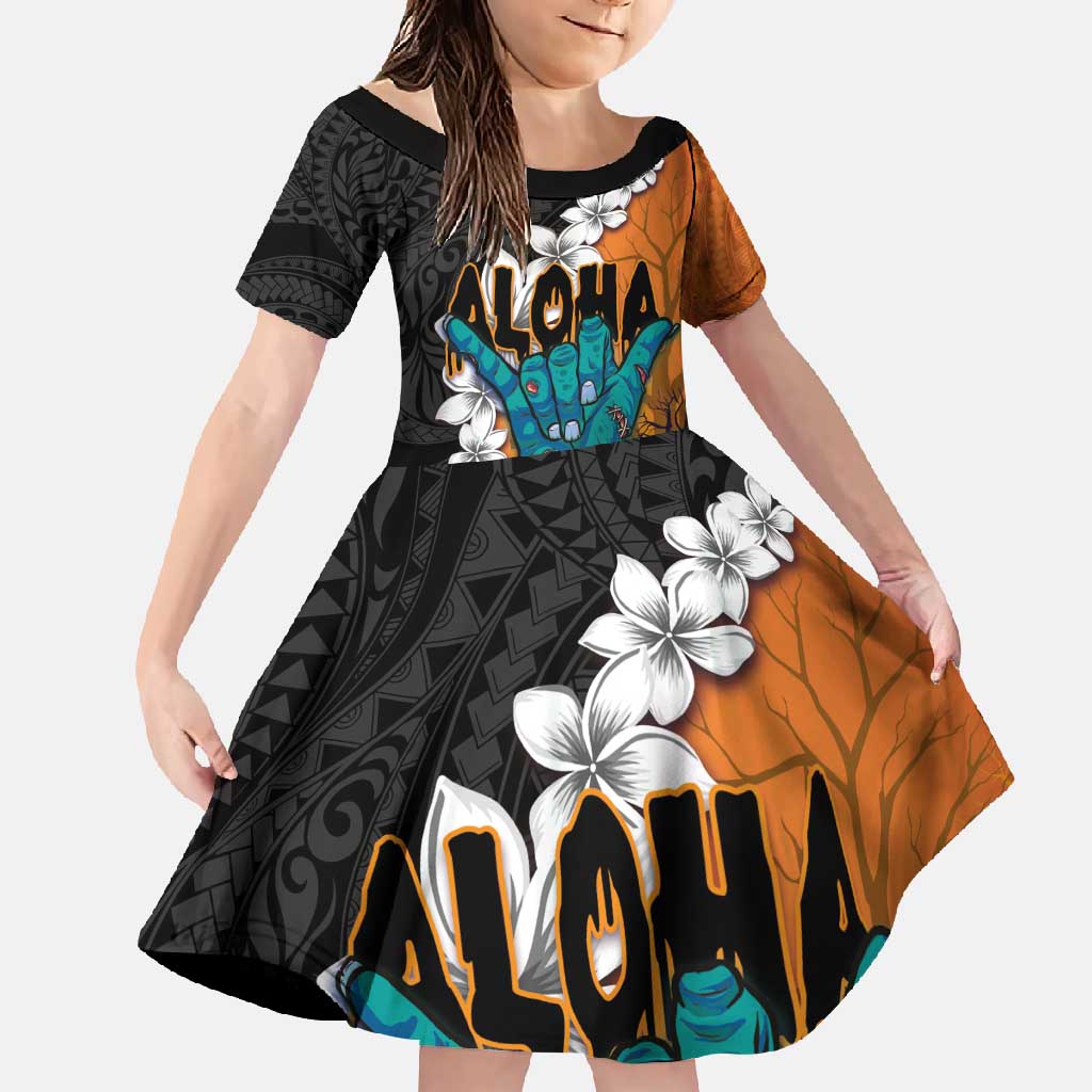 Hawaiian Halloween Family Matching Summer Maxi Dress and Hawaiian Shirt Horror Shaka Hand with Plumeria and Polynesian Tattoo Autumn Color LT03 Daughter's Dress Orange - Polynesian Pride