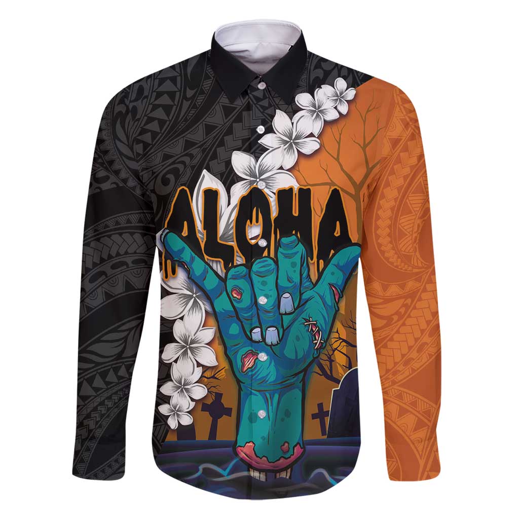 Hawaiian Halloween Family Matching Summer Maxi Dress and Hawaiian Shirt Horror Shaka Hand with Plumeria and Polynesian Tattoo Autumn Color LT03 Dad's Shirt - Long Sleeve Orange - Polynesian Pride
