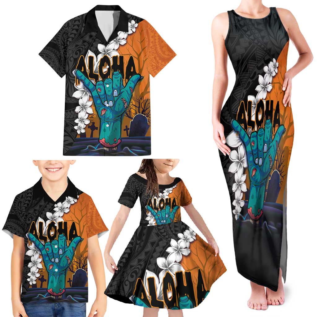 Hawaiian Halloween Family Matching Tank Maxi Dress and Hawaiian Shirt Horror Shaka Hand with Plumeria and Polynesian Tattoo Autumn Color