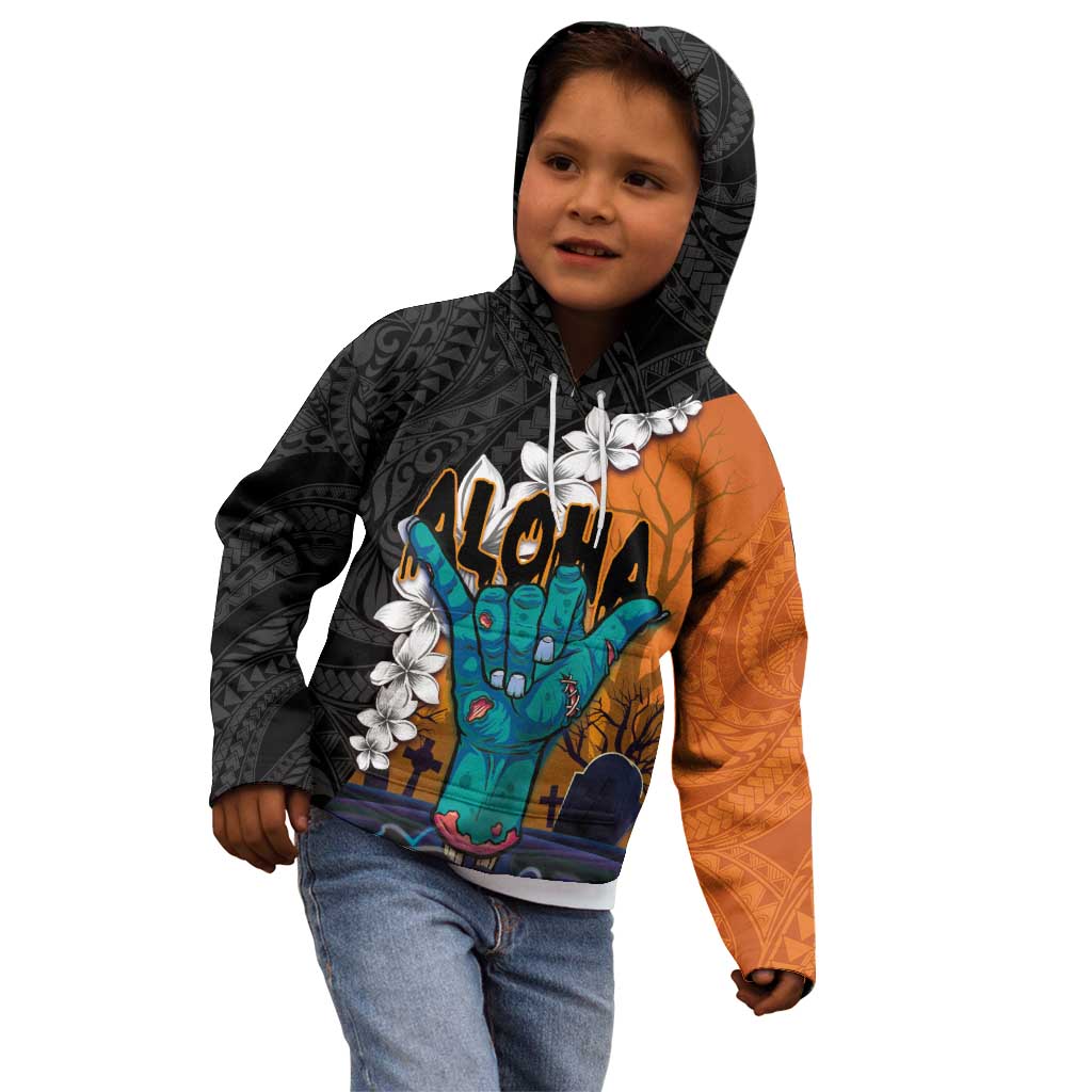 Hawaiian Halloween Kid Hoodie Horror Shaka Hand with Plumeria and Polynesian Tattoo Autumn Color