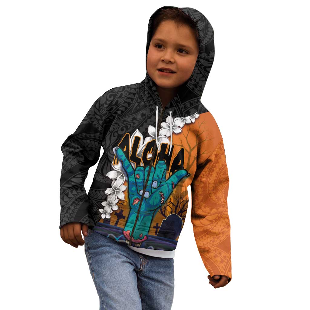 Hawaiian Halloween Kid Hoodie Horror Shaka Hand with Plumeria and Polynesian Tattoo Autumn Color
