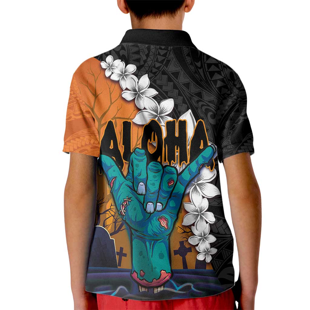 Hawaiian Halloween Kid Polo Shirt Horror Shaka Hand with Plumeria and Polynesian Tattoo Autumn Color