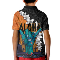 Hawaiian Halloween Kid Polo Shirt Horror Shaka Hand with Plumeria and Polynesian Tattoo Autumn Color