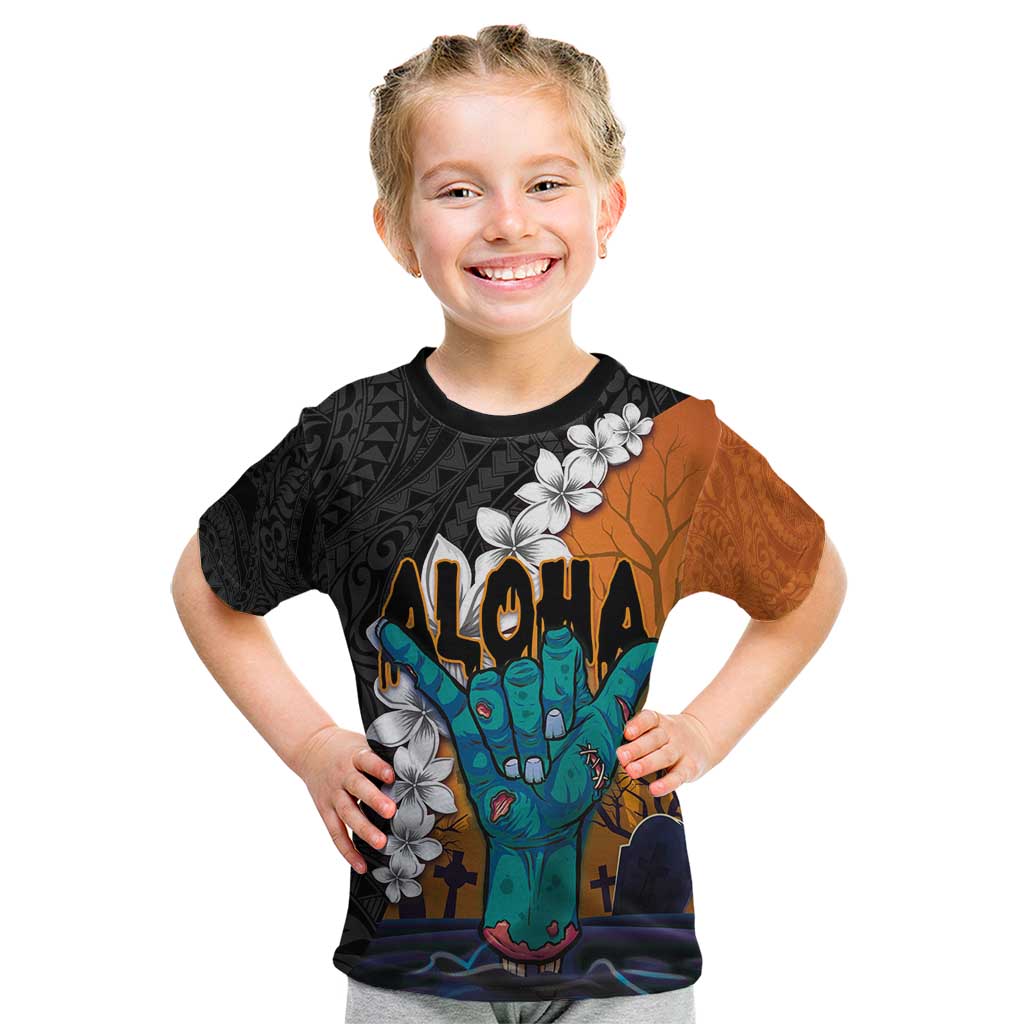 Hawaiian Halloween Kid T Shirt Horror Shaka Hand with Plumeria and Polynesian Tattoo Autumn Color LT03 Orange - Polynesian Pride