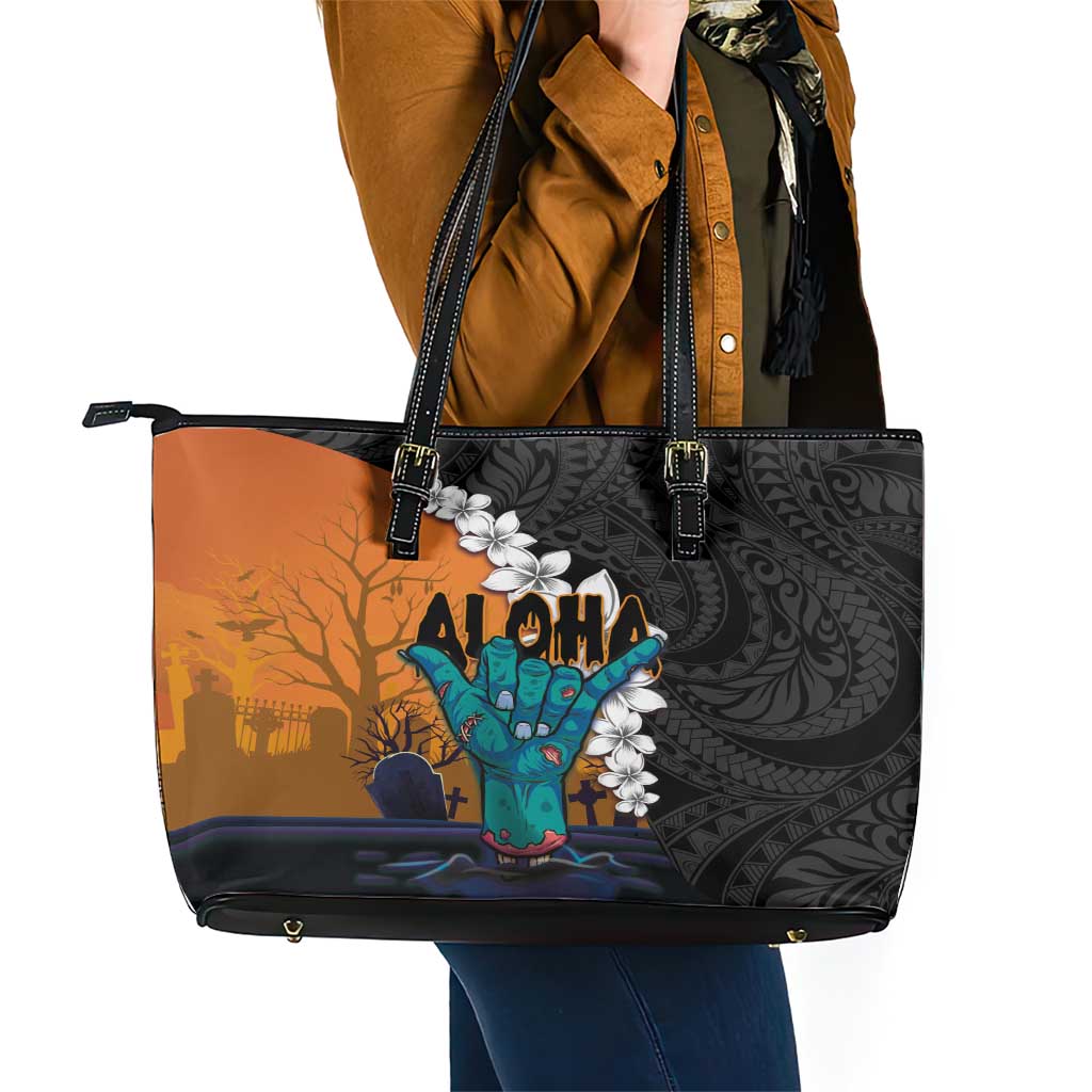 Hawaiian Halloween Leather Tote Bag Horror Shaka Hand with Plumeria and Polynesian Tattoo Autumn Color LT03 - Polynesian Pride