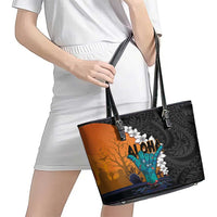 Hawaiian Halloween Leather Tote Bag Horror Shaka Hand with Plumeria and Polynesian Tattoo Autumn Color LT03 - Polynesian Pride