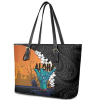 Hawaiian Halloween Leather Tote Bag Horror Shaka Hand with Plumeria and Polynesian Tattoo Autumn Color LT03 - Polynesian Pride