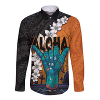 Hawaiian Halloween Long Sleeve Button Shirt Horror Shaka Hand with Plumeria and Polynesian Tattoo Autumn Color LT03 Unisex Orange - Polynesian Pride