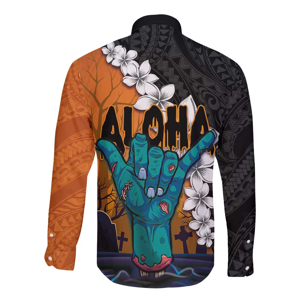 Hawaiian Halloween Long Sleeve Button Shirt Horror Shaka Hand with Plumeria and Polynesian Tattoo Autumn Color LT03 - Polynesian Pride