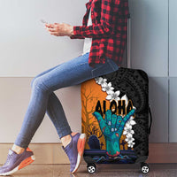 Hawaiian Halloween Luggage Cover Horror Shaka Hand with Plumeria and Polynesian Tattoo Autumn Color