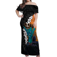 Hawaiian Halloween Off Shoulder Maxi Dress Horror Shaka Hand with Plumeria and Polynesian Tattoo Autumn Color