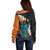 Hawaiian Halloween Off Shoulder Sweater Horror Shaka Hand with Plumeria and Polynesian Tattoo Autumn Color