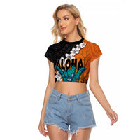 Hawaiian Halloween Raglan Cropped T Shirt Horror Shaka Hand with Plumeria and Polynesian Tattoo Autumn Color LT03 Female Orange - Polynesian Pride