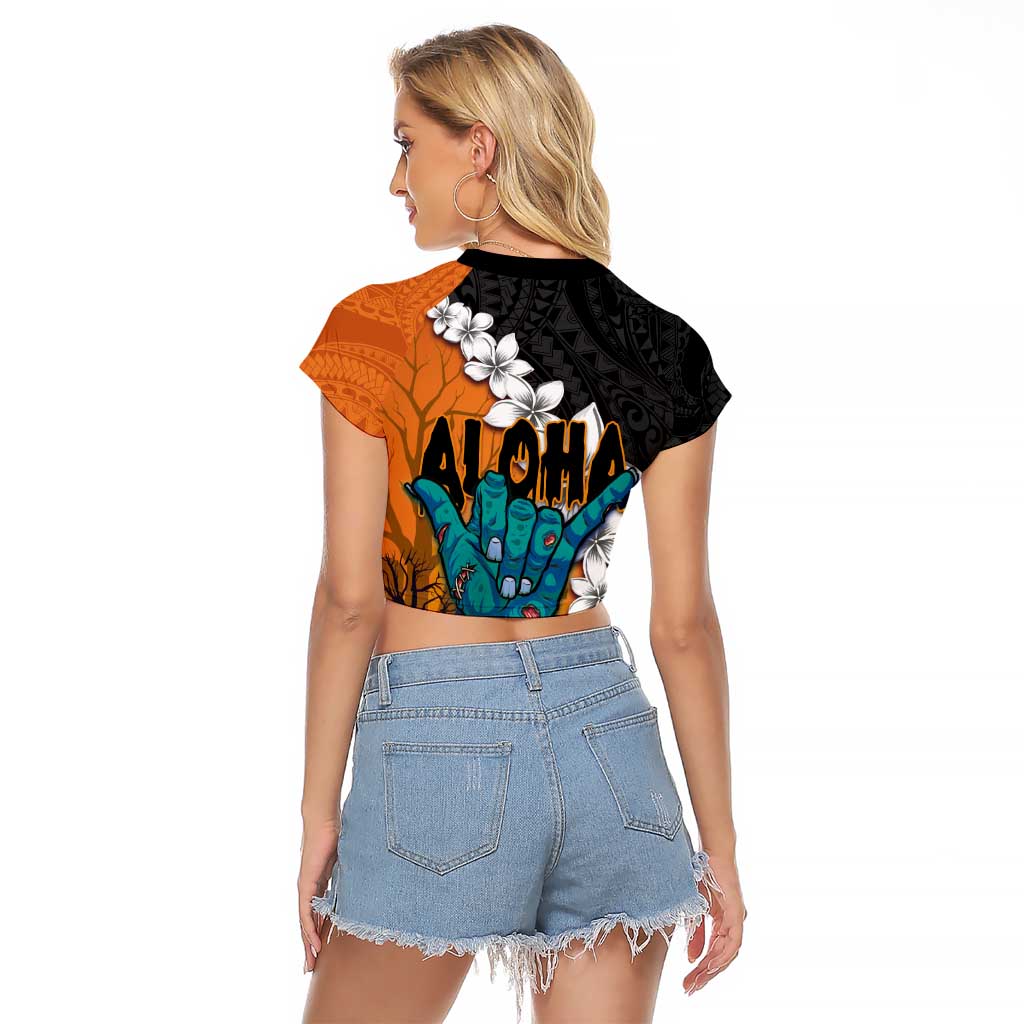 Hawaiian Halloween Raglan Cropped T Shirt Horror Shaka Hand with Plumeria and Polynesian Tattoo Autumn Color LT03 - Polynesian Pride