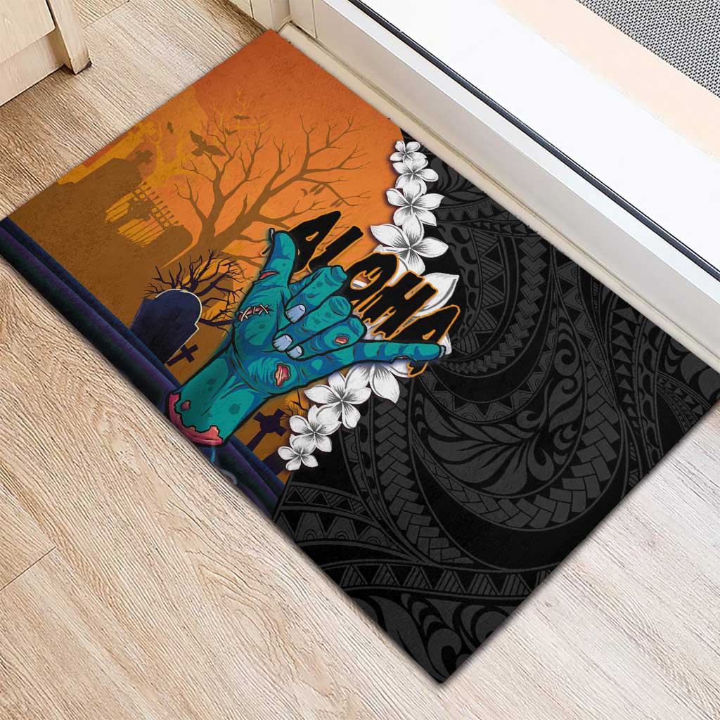 Hawaiian Halloween Rubber Doormat Horror Shaka Hand with Plumeria and Polynesian Tattoo Autumn Color LT03 - Polynesian Pride