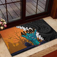 Hawaiian Halloween Rubber Doormat Horror Shaka Hand with Plumeria and Polynesian Tattoo Autumn Color LT03 - Polynesian Pride