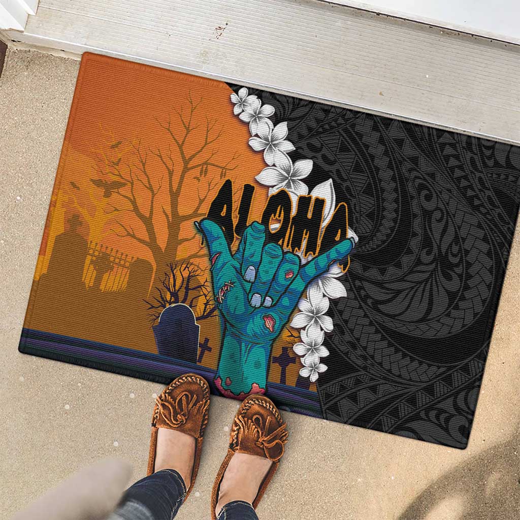 Hawaiian Halloween Rubber Doormat Horror Shaka Hand with Plumeria and Polynesian Tattoo Autumn Color LT03 - Polynesian Pride