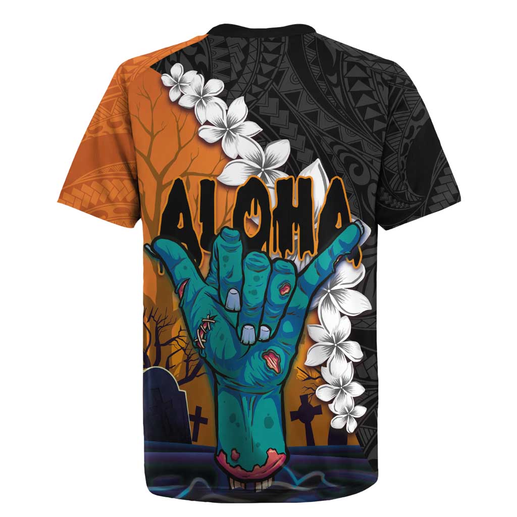 Hawaiian Halloween Rugby Jersey Horror Shaka Hand with Plumeria and Polynesian Tattoo Autumn Color LT03 - Polynesian Pride