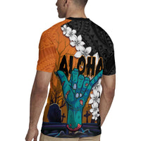 Hawaiian Halloween Rugby Jersey Horror Shaka Hand with Plumeria and Polynesian Tattoo Autumn Color LT03 - Polynesian Pride