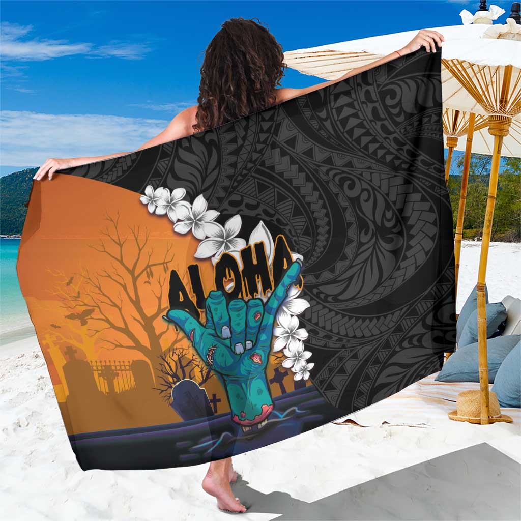 Hawaiian Halloween Sarong Horror Shaka Hand with Plumeria and Polynesian Tattoo Autumn Color