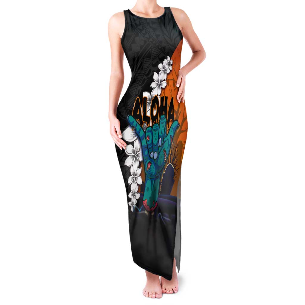 Hawaiian Halloween Tank Maxi Dress Horror Shaka Hand with Plumeria and Polynesian Tattoo Autumn Color