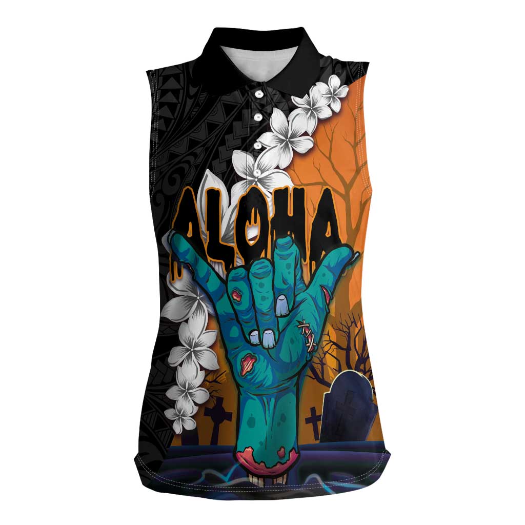 Hawaiian Halloween Women Sleeveless Polo Shirt Horror Shaka Hand with Plumeria and Polynesian Tattoo Autumn Color LT03 Female Orange - Polynesian Pride
