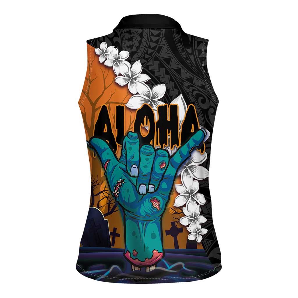 Hawaiian Halloween Women Sleeveless Polo Shirt Horror Shaka Hand with Plumeria and Polynesian Tattoo Autumn Color LT03 - Polynesian Pride