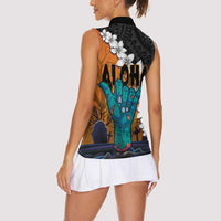 Hawaiian Halloween Women Sleeveless Polo Shirt Horror Shaka Hand with Plumeria and Polynesian Tattoo Autumn Color LT03 - Polynesian Pride