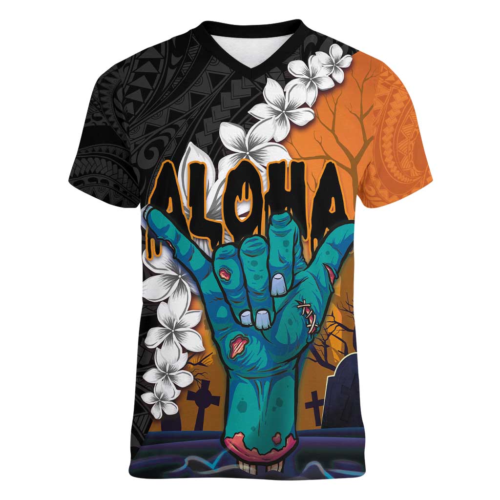Hawaiian Halloween Women V-Neck T-Shirt Horror Shaka Hand with Plumeria and Polynesian Tattoo Autumn Color LT03 Female Orange - Polynesian Pride