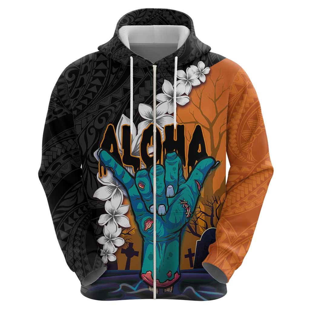 Hawaiian Halloween Zip Hoodie Horror Shaka Hand with Plumeria and Polynesian Tattoo Autumn Color LT03 - Polynesian Pride
