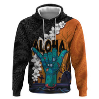 Hawaiian Halloween Zip Hoodie Horror Shaka Hand with Plumeria and Polynesian Tattoo Autumn Color LT03 Pullover Hoodie Orange - Polynesian Pride
