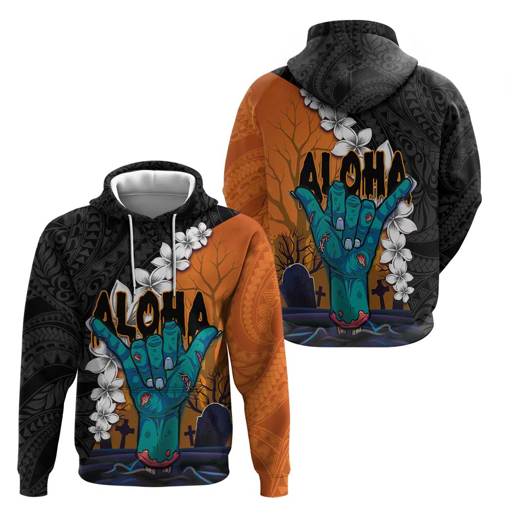 Hawaiian Halloween Zip Hoodie Horror Shaka Hand with Plumeria and Polynesian Tattoo Autumn Color LT03 - Polynesian Pride